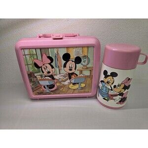 Vintage Disney Mickey and Minnie Mouse pink plastic lunch box Aladdin Kids Toy